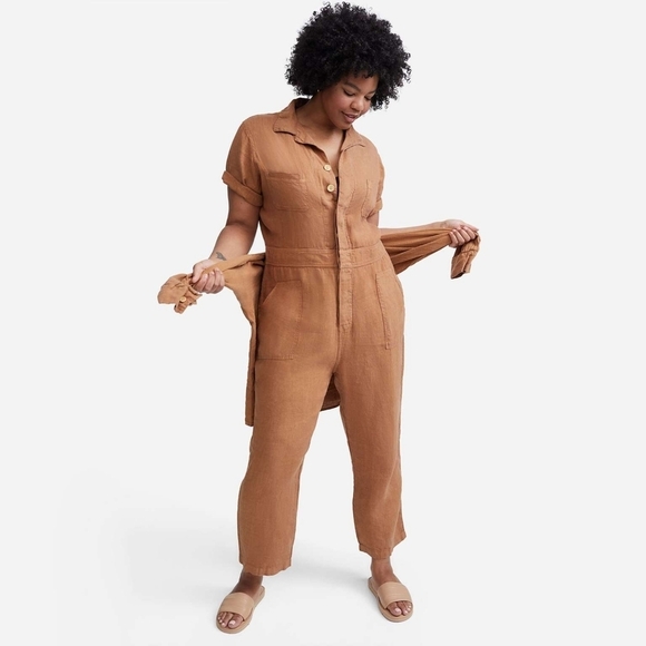 MATE the Label Pants - Casual Linen-Blend Utility Jumpsuit - Brown